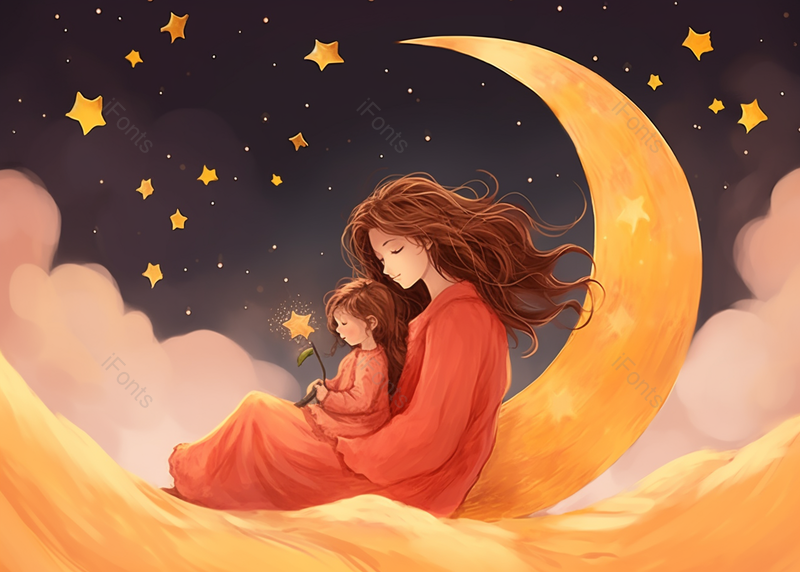 月亮上的母女背影温馨母亲节插画,插画/手绘图,插画/手绘图库,插画/手绘图下载,插画/手绘